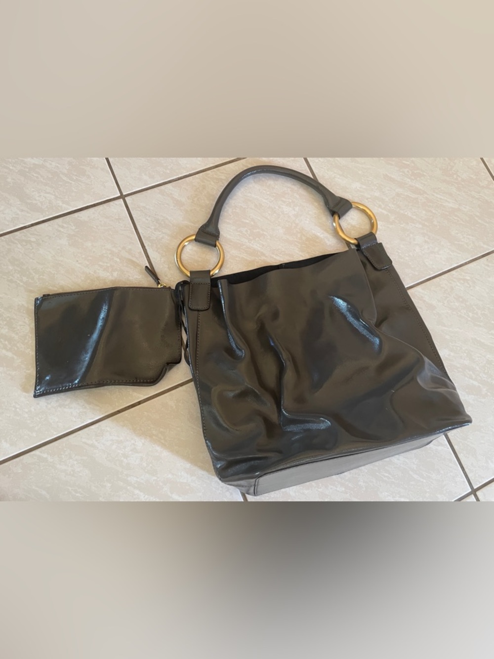 Sequoia Paris Grey Patent Leather Tote Bag Gold Ring Handle & Matching Pouch Set